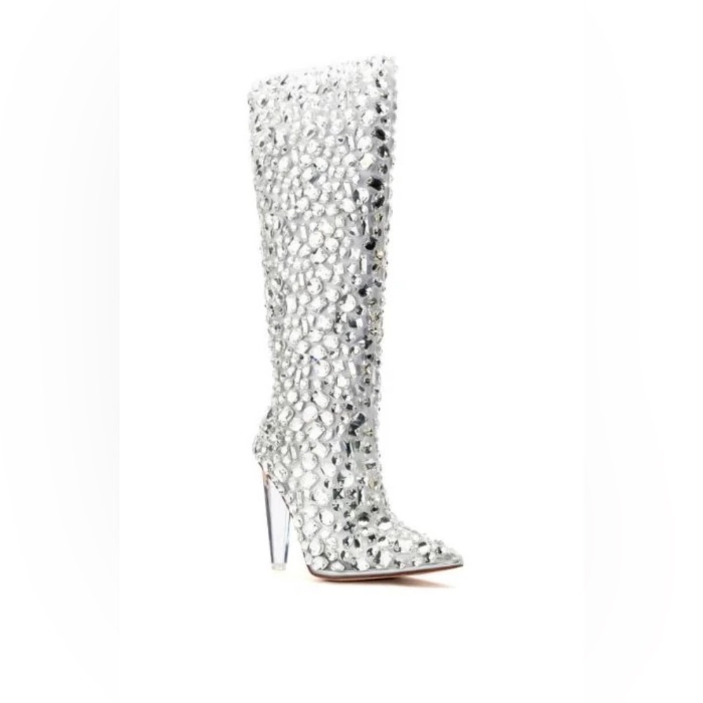•Honey• Tall Embellished PVC Chunky Heel Boots by Azalea Wang - Picture 3 of 6